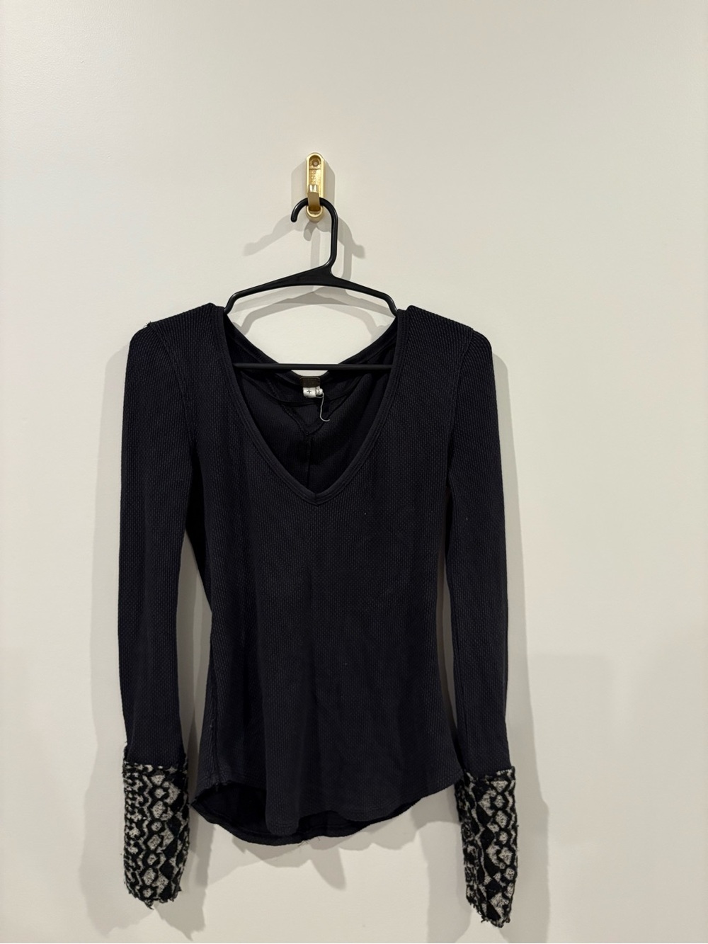We The Free Black V-Neck Long Sleeve Top with Patterned Cuffs